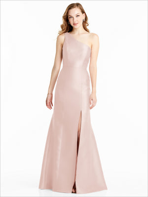 One-shoulder bridesmaids dress in blush pink with front slit, sleeveless