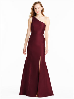 One-shoulder satin bridesmaid dress, burgundy with front slit