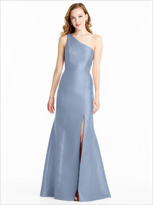 Periwinkle one-shoulder floor-length bridesmaid dress with front slit