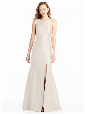 Ivory one-shoulder satin bridesmaid dress with front slit and floor-length skirt