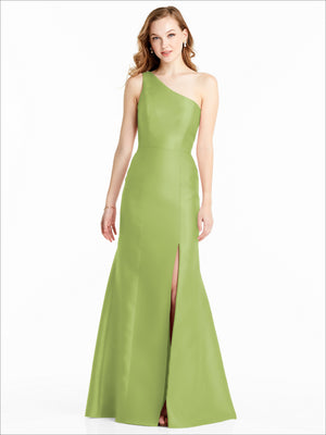 Lime green one-shoulder satin dress with fitted waist and high front slit