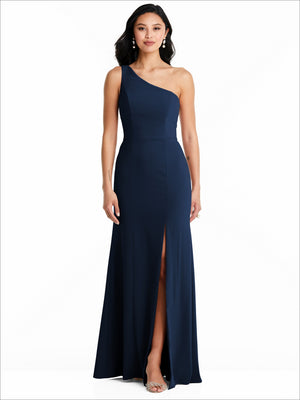 One-shoulder sleeveless bridesmaid dress, dark navy blue with front slit.