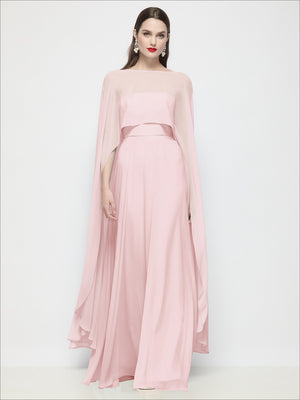 High-low sheer chiffon cape in blush pink, front view with flowing high-low hem.