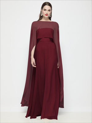 Sheer chiffon cape in burgundy with high-low draped hem and layered look
