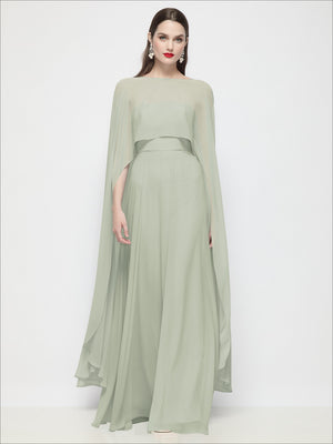 Sage green sheer chiffon cape with high-low hem and open, flowing drape sleeves