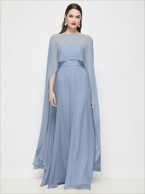 Light blue sheer chiffon cape with high-low hem and flowing drape sleeves