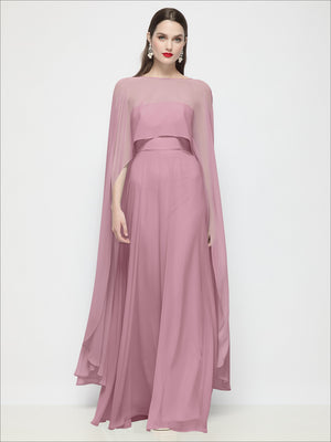 Rose-pink sheer chiffon cape with round neckline, cape sleeves, and high-low hem