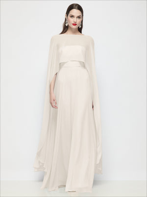 High-low sheer chiffon cape in ivory-beige, draped over a long dress