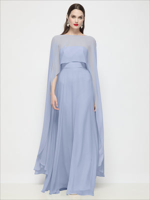 Light blue sheer chiffon high-low cape with draped sleeves and airy hem