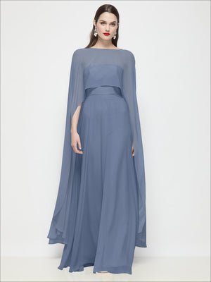 Blue sheer chiffon cape with wide neckline and flowing high-low hem