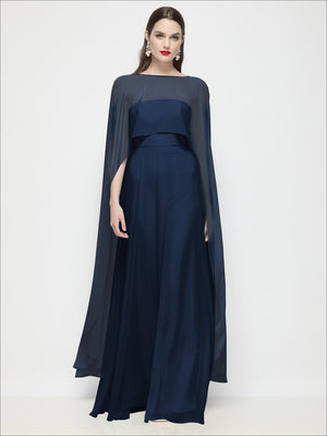 Sheer chiffon high-low cape in dark teal-blue, flowing drape with open front