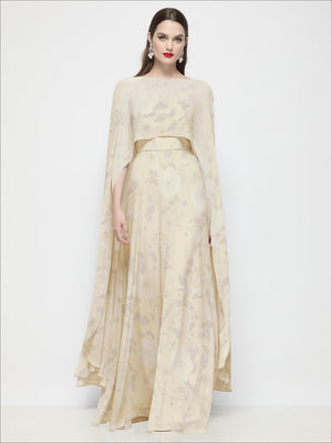 Sheer floral chiffon high-low cape, pale cream with long loose sleeves