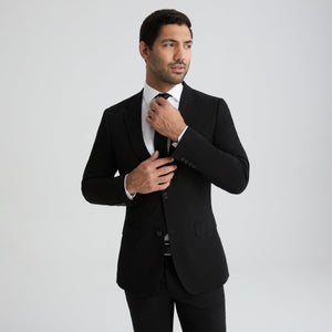Men's black suit jacket with notch lapels and single-breasted button front