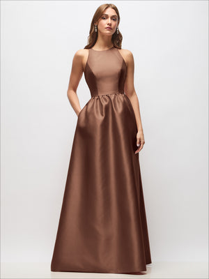 Sleeveless satin maxi dress in chocolate brown with ruched waist and full skirt.