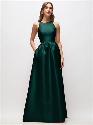 Green sleeveless satin maxi dress with ruched waist and flowing hem