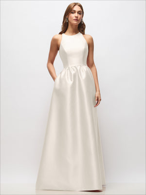 Ivory satin sleeveless maxi dress with fitted bodice and gathered skirt