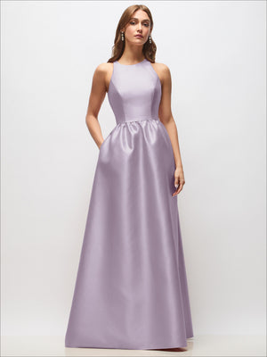 Lavender sleeveless satin maxi dress with fitted bodice and gathered waist skirt