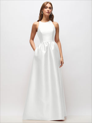 Ivory satin sleeveless maxi dress with fitted bodice and full gathered skirt