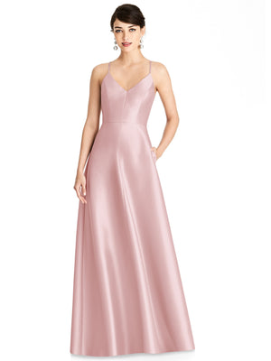 Blush satin V-neck maxi dress with spaghetti straps and full A-line skirt