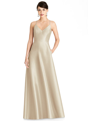 Light champagne satin V-neck maxi dress with thin straps and full skirt, front view