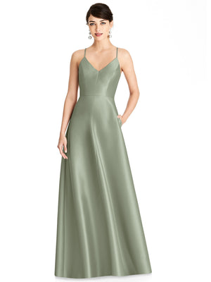 Satin maxi dress with V-neck and spaghetti straps, full skirt; muted sage green.
