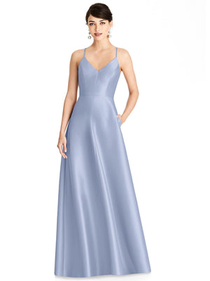 Satin maxi dress with V-neck and spaghetti straps, full skirt; light periwinkle blue.
