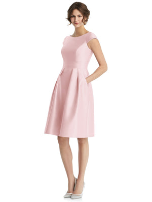 Soft blush pink cap-sleeve pleated cocktail dress with fitted bodice and flared skirt