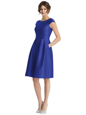 Cobalt blue cap-sleeve pleated cocktail dress with flared skirt