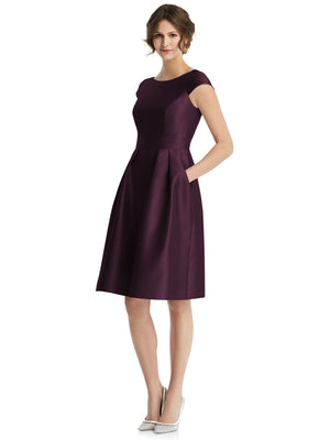 Cap-sleeve pleated cocktail dress in plum, V-neck and flared pleated skirt