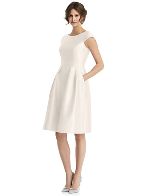 White cap-sleeve pleated cocktail dress with V-back and fitted waist, knee-length