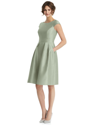Cap-sleeve pleated cocktail dress with V-neck and gathered skirt, sage green, knee length.