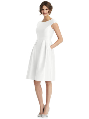White cap-sleeve pleated cocktail dress with fitted bodice and flared skirt