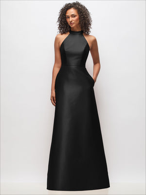 Black high-neck satin dress with back cutout, sleeveless, front view