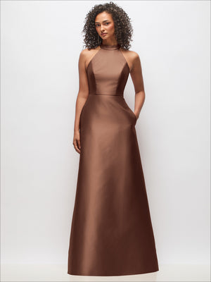Brown satin high-neck dress with fitted waist and sleeveless bodice