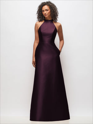 Plum satin high-neck cutout dress, sleeveless with fitted bodice and long skirt