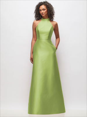 Satin high-neck cutout dress, sleeveless, light lime green, A-line skirt