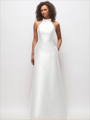 White satin cutout high-neck dress with fitted bodice and elegant A-line drape
