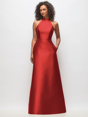 Red high-neck sleeveless satin dress with front cutout, A-line hem