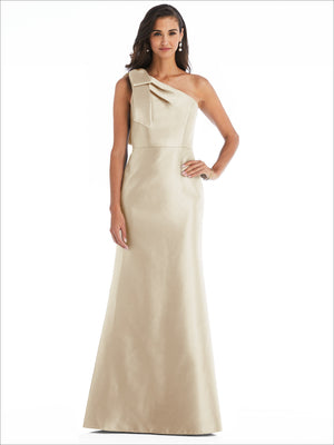 One-shoulder satin trumpet gown in ivory with bow detail on the shoulder