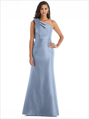 Light blue satin one-shoulder trumpet gown with diagonal sash detail at the shoulder.