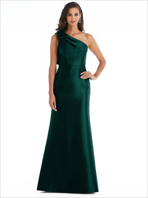 Emerald green satin one-shoulder trumpet gown, front view with asymmetrical bow detail