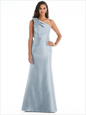Sky blue one-shoulder satin trumpet gown with draped bow detail at the shoulder