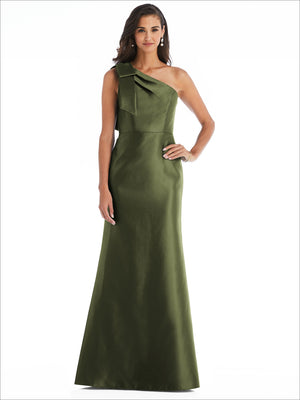 Olive green one-shoulder satin trumpet gown with draped diagonal neckline bow