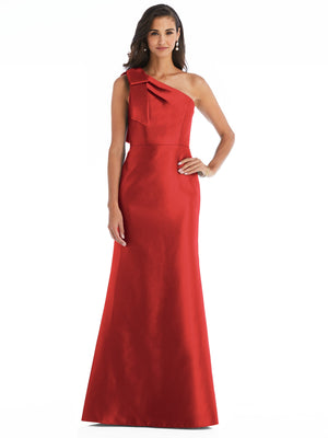 One-shoulder satin trumpet gown in red with draped bow detail at neckline