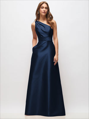 Navy satin one-shoulder maxi dress with draped waist and side pockets