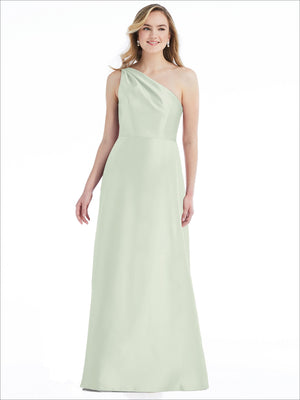 One-shoulder satin maxi dress in pale mint green with pleated drape bodice, front