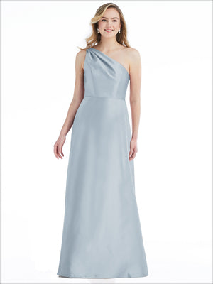 Light blue one-shoulder satin maxi dress with draped pleats and flowing hem