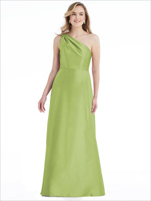 One-shoulder satin maxi dress in lime green with pleated drape bodice