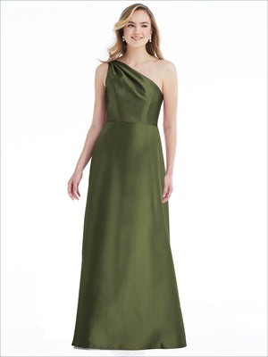 Olive green one-shoulder satin maxi dress with draped bodice and structured pleats.
