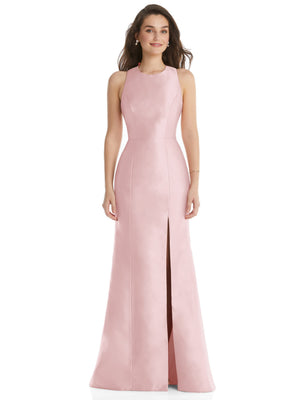 Blush pink jewel-neck trumpet dress with open-back tie bow and front slit